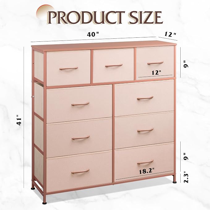 WLIVE 9-Drawer Dresser, Fabric Storage Tower for Bedroom, Hallway, Entryway, Closet, Tall Chest Organizer Unit with Fabric Bins, Steel Frame, Wood Top, Easy Pull Handle, Pink - Image 3