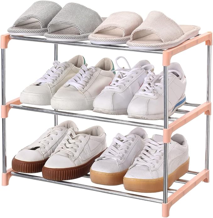 Jucaifu Stackable Small Shoe Rack, Entryway, Hallway and Closet Space Saving Storage and Organization (3-Tier, Pink) by Jucaifu