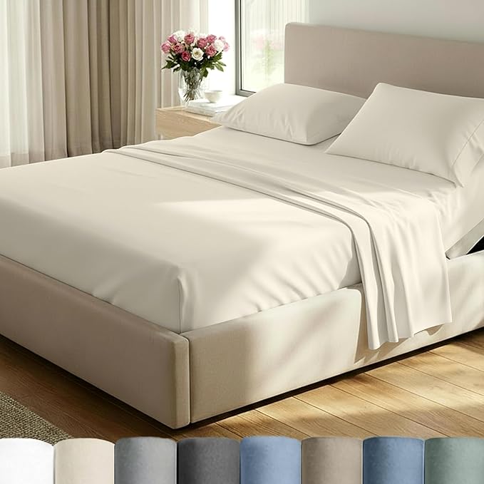 California Design Den Split King Sheet Set - 100% Cotton, Luxury 600 Thread Count Sateen, Breathable Split King Size Sheets for Adjustable Bed, Soft and Durable Sheets - Ivory (Warm Cream)
