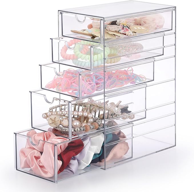 Hipiwe 5-Drawers Plastic Storage Organizer, Clear Hair Accessories Organizer with Large Capacity for Bathroom, Dresser, Cosmetic Hair Tie Container for Girls Women - Image 4