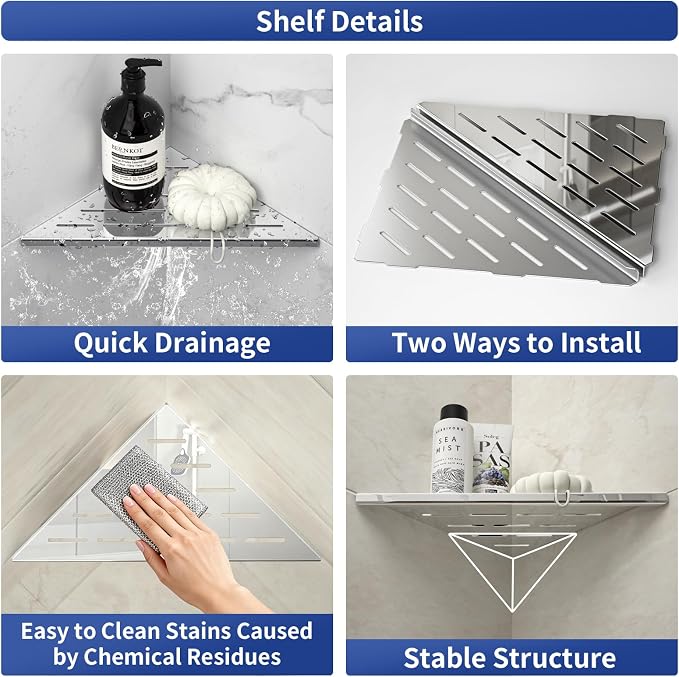 Corner Shower Shelf 10" Polished 304 Stainless Steel Recessed Corner Shelves with Slot Design Bathroom Grout in Shelf for Tiled Wall, 2 Pack - Image 2