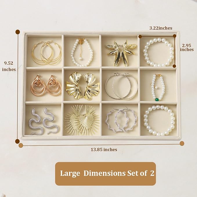 Large Velvet Jewelry Tray 2 Pack Stackable Jewelry Display Drawer Inserts Trays Organizer for Earring Bracelet Necklace Ring (Beige, 12 Grids) - Image 3