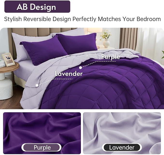 MUXHOMO 7 Pieces King Comforter Set, Reversible Bed in a Bag King Size, All Season Bedding Set with Comforter, Flat Sheet, Fitted Sheet, Pillowcases & Shams, Purple & Lavender