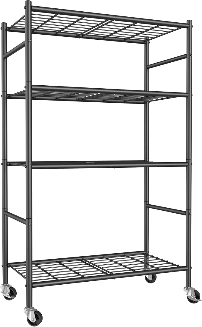 Sakugi Storage Shelves Organizer - 4 Tier Metal Shelf Organizer with Metal Wheels and Adjustable Leveling Feet, Heavy Duty Garage Shelving for Kitchen, Pantry and Closet, 33.1"x12.6"x58.9", Black by Sakugi