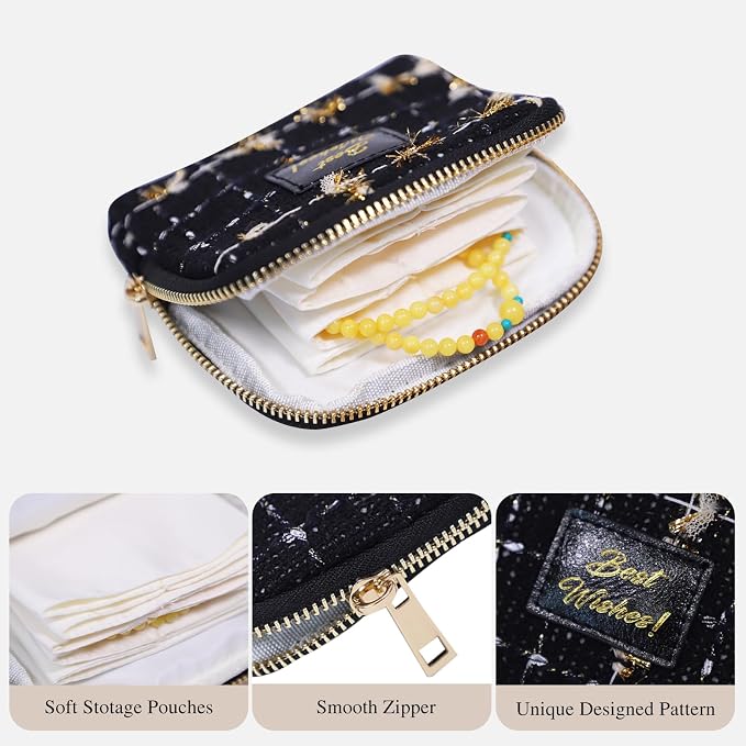 Stratalife Travel Jewelry Case Portable Jewelry Box with Small Pouches for Gemstones Healing Crystal, Bracelets Necklace Bangles Storage, Ring Holder for Women, Quilted Black - Image 2
