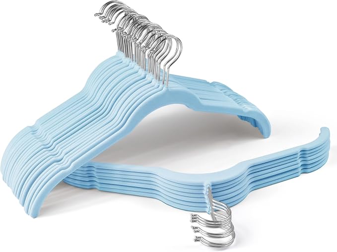 Sishynio 30 Pack Velvet Hangers – Premium Non-Slip Slim Clothes Hangers with 360° Swivel Hook, Space-Saving Flocked Shirt Hangers for Coats, Dresses, Blouses, Suits(Blue) by Sishynio