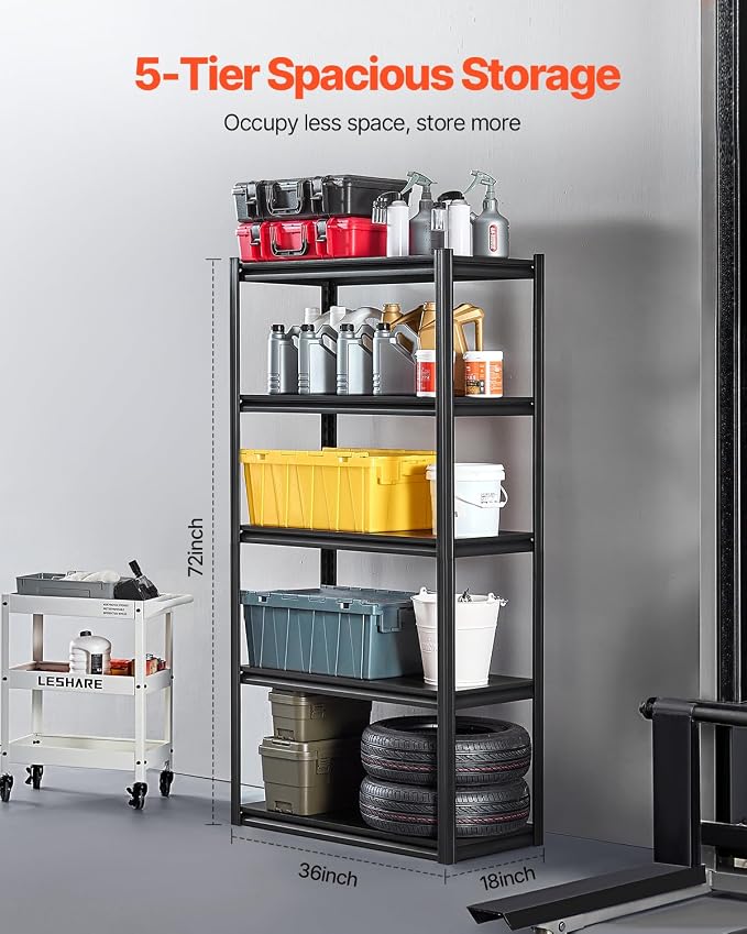 VEVOR Storage Shelves, 2000 lbs, 5 Tier Garage Storage Shelving, 18" D x 36" W x 72" H Adjustable Metal Shelves for Garage Shelves Utility Rack Shelf, Ideal for Kitchen, Warehouse, Basement, Black - Image 3