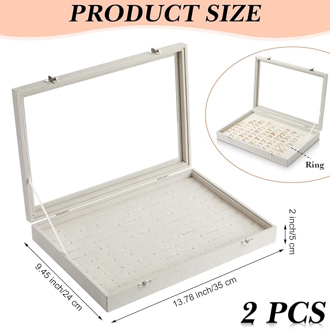 Yinkin 2 Pcs 100 Slots Ring Organizer Box with Transparent Glass Lid Necklace Display Tray Ring Case Velvet Jewelry Holder - Image 2