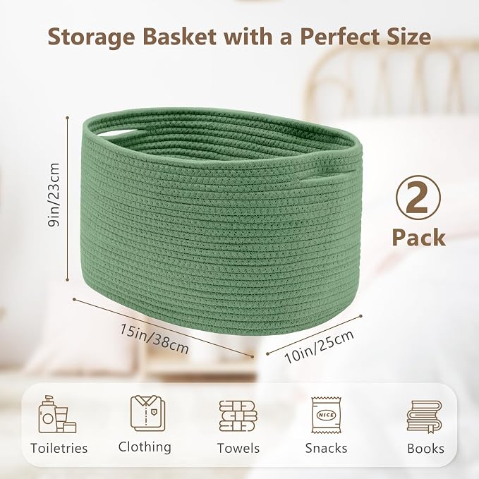 ECDYQXVU Cotton Rope Storage Basket, 15x10x9 Inches, Woven Basket for Shelves, Clothes, Towels, Books, and Laundry, Green (2 Pack) - Image 2