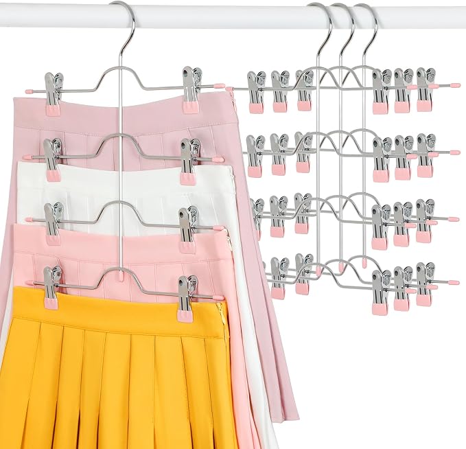 TOPIA HANGER 4 Tier Metal Skirt Hangers for Women, Pants Hanger Space Saving with Adjustable Clips, Gain 70% More Space, Non Slip Grip for Slacks, Trousers, Shorts, Jeans, Towels, Pink, 4-Pack, CT61P by TOPIAHANGER