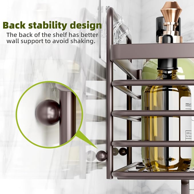 Yougai Shower Caddy, Shower Organizer with Soap Holder and Hooks, Rustproof Shower Shelves, No Drilling Bathroom Organizers and Storage, Wall-Mounted Kitchen & Home Decor (Brown) - Image 5