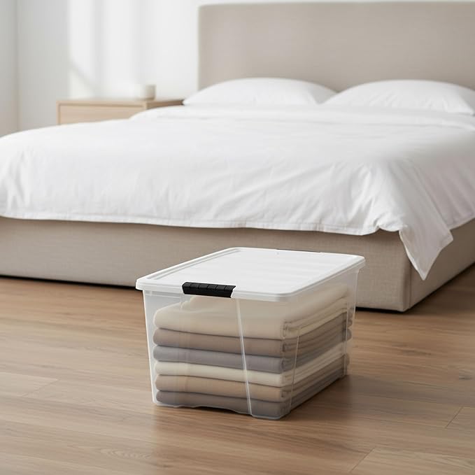IRIS USA 72 Qt Stackable Plastic Storage Bins with Lids, 4 Pack - BPA-Free, Made in USA - See-Through Organizing Solution, Latches, Durable Nestable Containers, Secure Pull Handle - Clear/White - Image 7