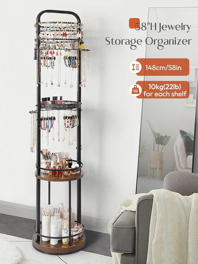 Jewelry Holder Organizer, Floor Jewelry Organizer with Earring Organizer Necklace Holder, Rotating Jewelry Stand Necklace Display Earring Storage, Large Hanging Jewelry Tree for Jewlery Bracelet Ring - Image 4