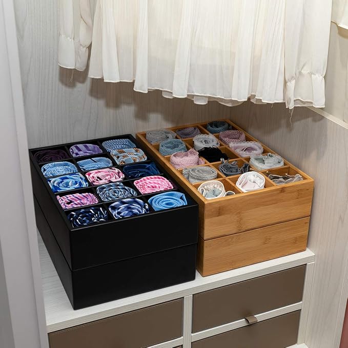GOBAM Bamboo Closet Drawer Organizer, 15 Compartments - Drawer Divider & Storage Box for Ties, Bras, Briefs, Socks & Jewelry - Storage Organizer for Dressing Room & Bedroom - Black - Image 6
