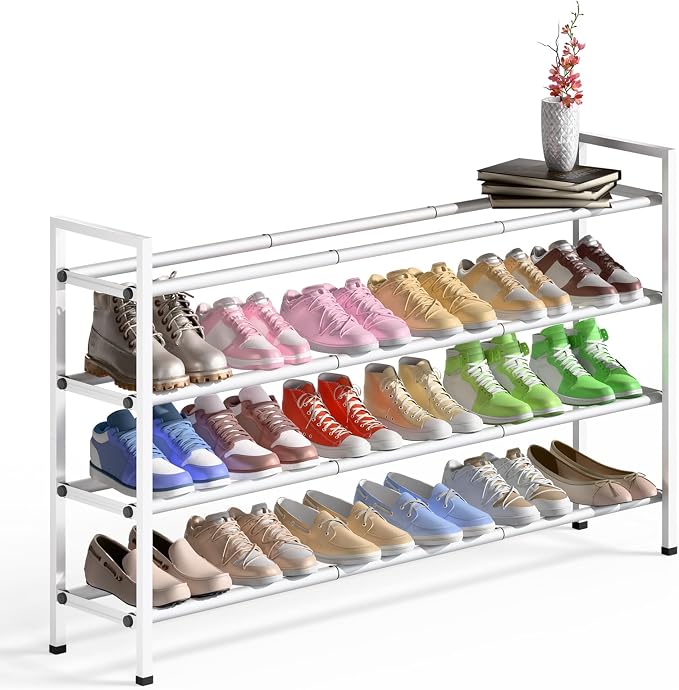 Bumusty 4-Tier Long Expandable Shoe Rack for Closet, 18"-44" Adjustable Shoe Rack for Entryway, 20-24 Pairs Large Shoe Organizer Shelf Storage, Sturdy Metal, White by BUMUSTY