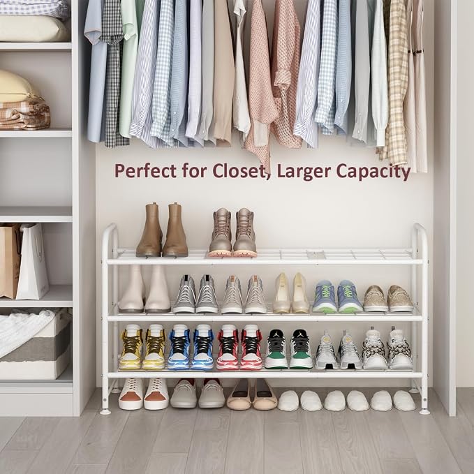 LINZINAR Shoe Rack Long 3 Tier Shoe Storage Organizer Metal Wide Shoe Shelf for Closet Entryway Bedroom 24 Paris Large Capacity, Black (White, 3-Tier) - Image 2