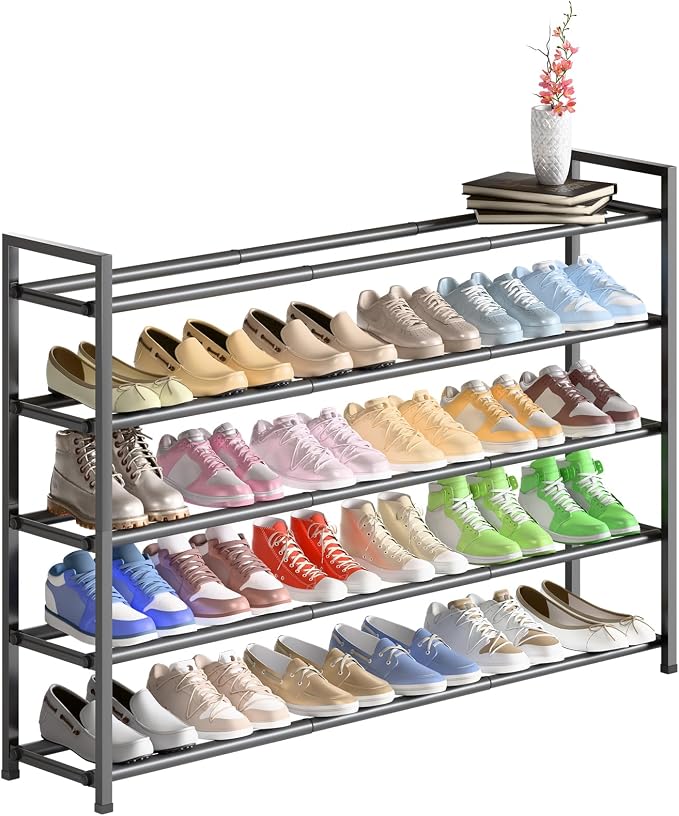 Bumusty 5-Tier Long Expandable Shoe Rack for Closet, 18"-44" Adjustable Shoe Rack for Entryway, 25-30 Pairs Large Shoe Organizer Shelf Storage, Sturdy Metal, Grey by BUMUSTY