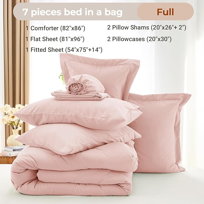MUXHOMO 7 Pieces Full Comforter Set, Soft Bed in a Bag Full Size, All Season Bedding Set with Comforter, Flat Sheet, Fitted Sheet, Pillowcases & Shams, Pink