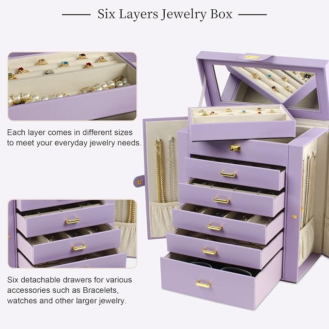 AKOZLIN Large Jewelry Box Organizer Functional with Big Mirror, Leather Jewelry Storage Case for Women Girls Ring Necklace Earring Bracelet Holder Organizer Violet - Image 2