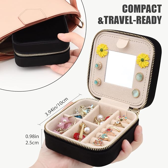 DesignSter Travel Jewelry Box - Velvet Jewelry Organizer, Small Jewelry Case, Jewelry Storage Box for Rings Earrings Necklace (Square, Black) - Image 2