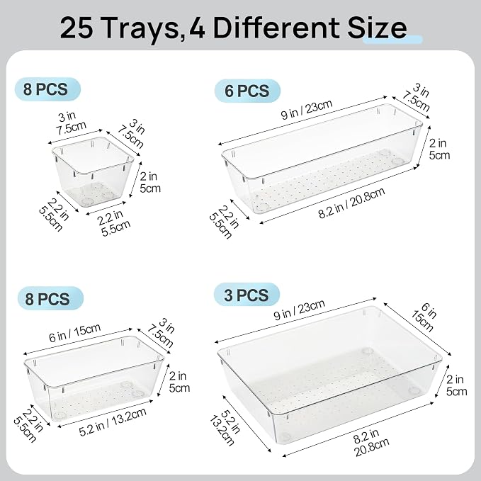 Vtopmart 25 PCS Office Desk Drawer Organizers Set, 4-Size Versatile Plastic Drawer Organizer Trays, Storage Bins for Desk Accessories Office Organizers and Storage, Bathroom, Makeup, Vanity - Image 7
