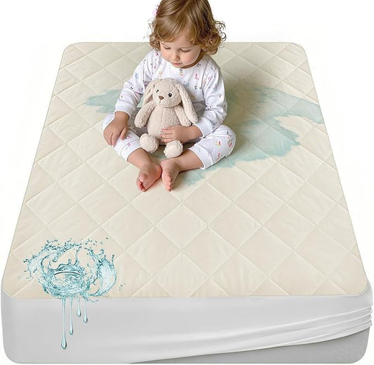Lofe Organic Crib Mattress Protector - Top&Side Waterproof, 100% Waterproof Crib Mattress Protector, Breathable Cotton Toddler Mattress Protector, Baby Crib Mattress Cover Fitted 52x28x9 in