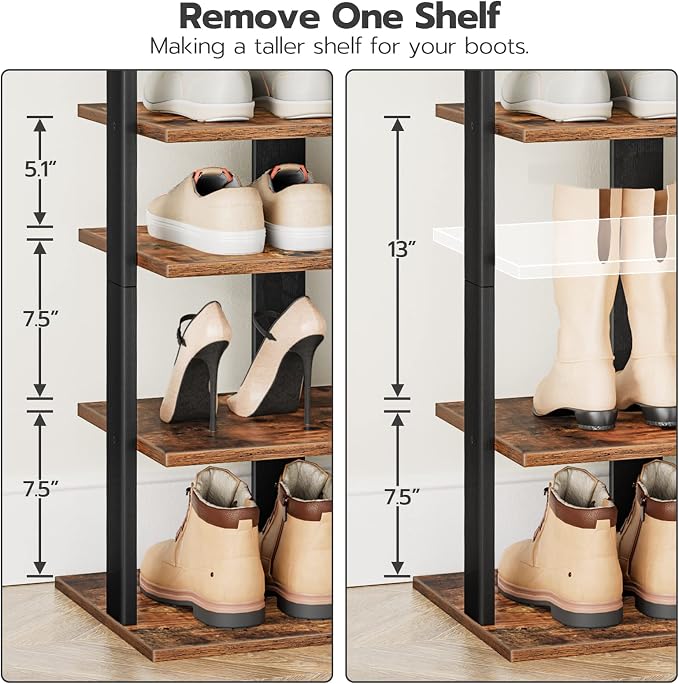 HOOBRO 8 Tiers Vertical Shoe Rack, Wooden Shoe Storage Organizer with Hooks, Narrow Shoe Tower for 16 Pairs, Space Saving, for Entryway, Living Room, Bedroom, Rustic Brown BF750XJ01 - Image 3