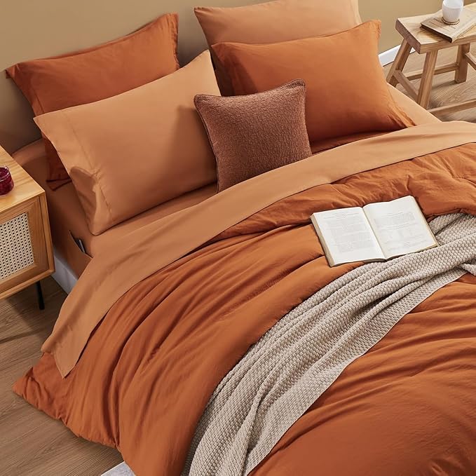 WRENSONGE King Size Comforter Set- 7 Pieces Soft Burnt Orange Bed in a Bag King with Fitted Sheet, Flat Sheet 2 Pillow Shams, and 2 Pillowcases- Warm Bedding Set for All Season