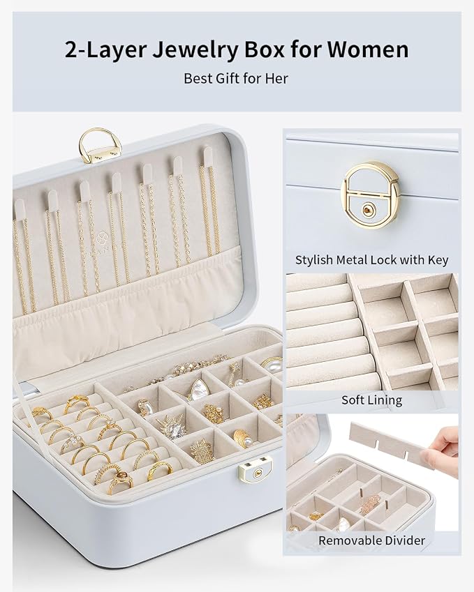 Vlando Jewelry Box Organizer for Women Girl,Lockable Jewelry Case Boxes with 2 Layers,Earrings Necklace,Rings Storage,Gift Box Packaging,Wedding Birthday Gifts Ideas Blue - Image 2