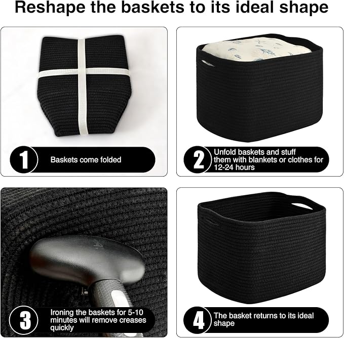 ICERZCZ Storage Baskets for Organizing & Shelves, Woven Cotton Rope Organization Bins for Dog Toys, Clothes, Books, Nursery Organizer, 15" Lx11''Wx9.5''H, (4 Packs) Black - Image 7
