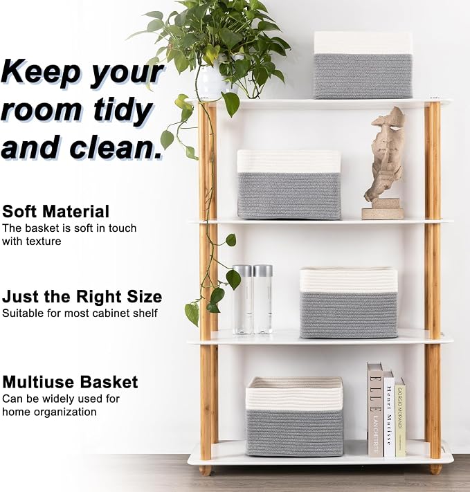 4 Pack Storage Baskets for Organizing, Woven Baskets for Shelves - Perfect for Toys, Books, Towels, and Clothes, Durable Gift Basket Bins Toy Storage, 12.7''L x9''W x7.8''H, Grey and White - Image 2