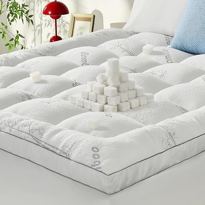Memory Foam Mattress Topper - Viscose Made from Bamboo Pillow Top Thick Twin XL Size Mattress Pad for Back Pain, Ultra Soft & Cooling for Hot Sleepers, 6-18'' Deep Pocket, White