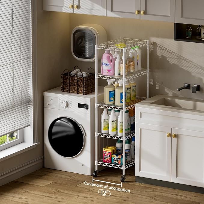 SINGAYE 6 Small Shelf Storage Wire Shelves Closet Bathroom Organizers Metal Pantry Kitchen Garage Shelving Unit Laundry Room Organization Home Narrow Rack Net Basket with Wheels White - Image 3