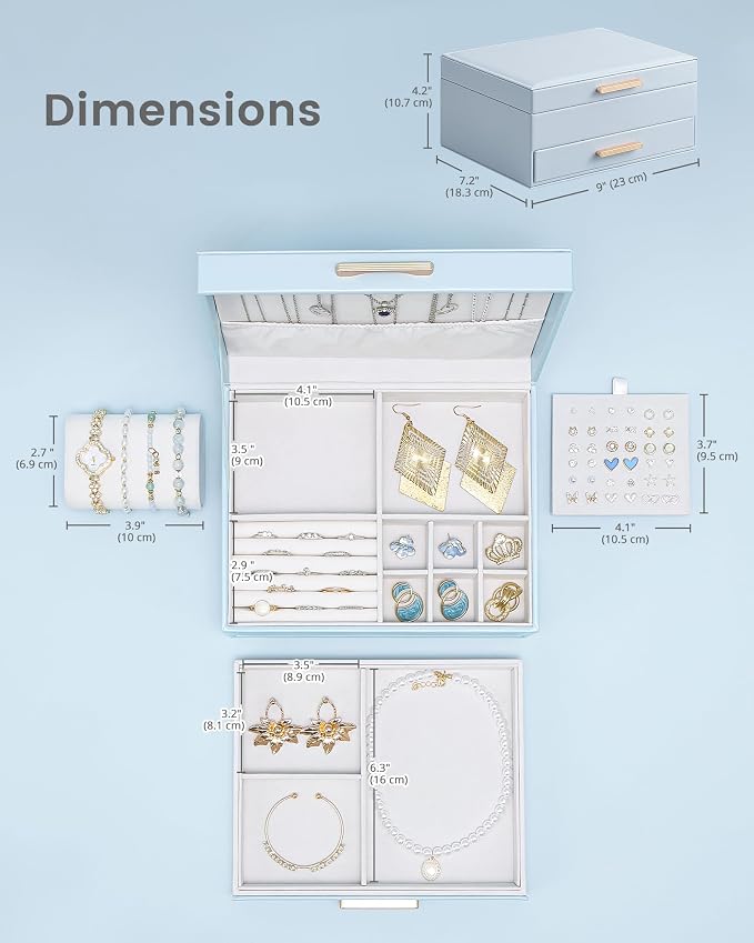 Lolalet 2-Layer Jewelry Box Organizer for Women Girls, Jewelry Storage Case Holder with Drawers for Necklaces Ring Earrings Bracelet Watch, Gifts Choice for Mom Mother’s Day -Blue - Image 6