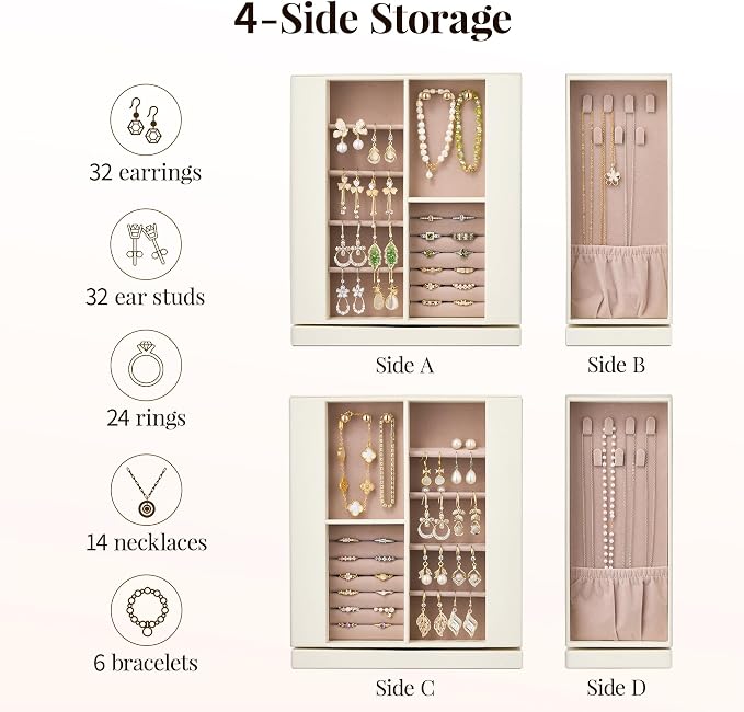 Jewelry Box Organizer for Women: 360 Rotating Vertical Storage Case, Ivory Leather with Pink Velvet, Ring Necklace Bracelet Holder, Gift Decor, 10 x 8.7 x 3.9 in - Image 3