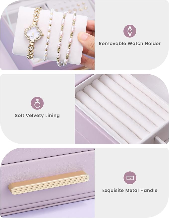 Lolalet 2-Layer Jewelry Box Organizer for Women Girls, Jewelry Storage Case Holder with Drawers for Necklaces Ring Earrings Bracelet Watch, Gifts Choice for Mom Mother’s Day -Purple - Image 5