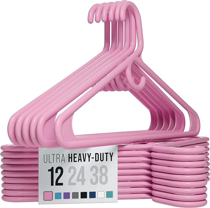 NEATERIZE Thick Heavy Duty Hangers - Pink Plastic Clothes Hangers 12 Pack - Great for Coat Hanger, Jackets Jeans & Suit Hanger for Closet - New Apartment Essentials Percheros Ganchos para Colgar Ropa by Neaterize