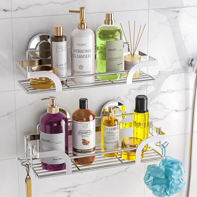 LEVERLOC Shower Caddy Suction Cup 2 Pack, Shower Shelf for Inside, Large Capacity Bathroom Organizers and Storage, Rustproof & Waterproof Metal Bath Basket, No-Drilling, Heavy Duty, Silver by LEVERLOC