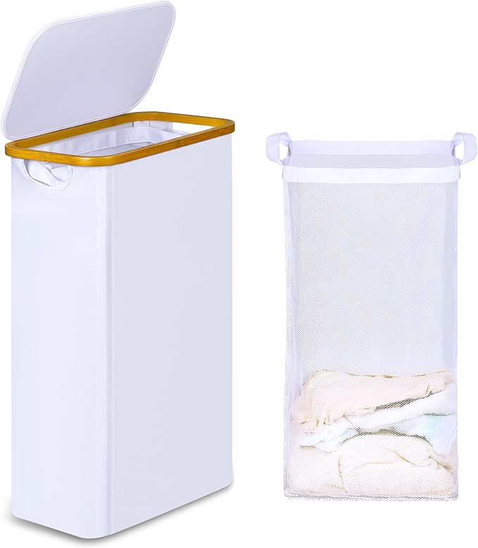 iEGrow 60L Slim Laundry Hamper, Narrow Laundry Basket with Lid,Foldable Clothes Hamper with Bamboo Handles,Hamper Basket with Removable Inner Bag for Laundry Room Bedroom College Dorm,15.85 Gals White by iEGrow