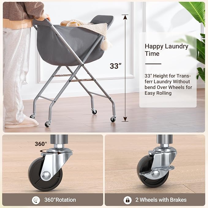 ELYKEN Laundry Cart with Wheels, 33”H Easy Rolling Laundry Hamper with Removable Liner Bag, Sturdy Metal Frame Clothes Basket with 4 Casters and 2 Brakes - Image 2