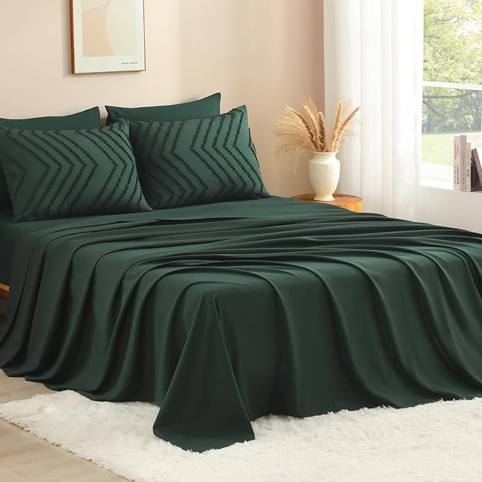 Litanika Oversized King Size Comforter Set with Sheets Dark Emerald Green - 7 Pieces Bed in a Bag Oversized King Boho Tufted Complete Bedding Sets with Comforter, Sheets, Pillowcases & Shams