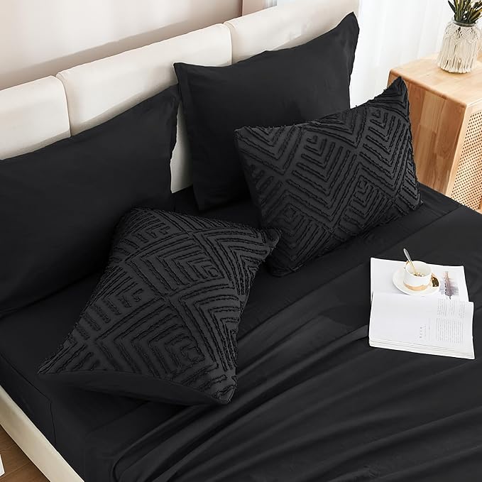 Andency Queen Comforter Set 7 Piece Black - Bed in a Bag Queen Boho Lightweight Fluffy Tufted Bedding Sets with Comforter, Sheets, Pillowcases & Shams