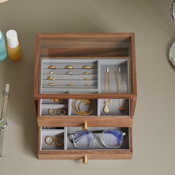 Black Walnut Jewelry Organizers and Storage,2 Layer Wooden Jewelry Boxes for Women,for Necklaces Ring Earring (2 Layer) - Image 6