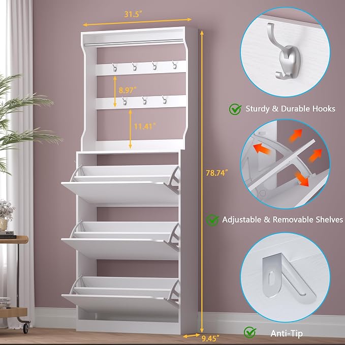 BORNOON Shoe Cabinet with 3 Flip Drawers & Coat Rack, Narrow Hidden Shoe Storage Cabinet, 2-in-1 Hall Tree Slim Freestanding Shoe Rack Organizer for Entryway, Hallway, and Living Room - Image 2