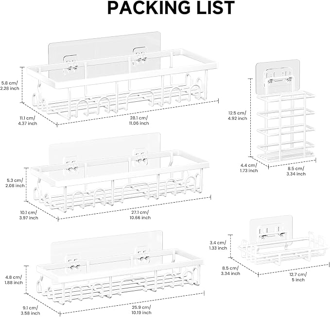 Shower Caddy, 5 Pack Shower Shelves for Inside Bathroom, Rustproof Adhesive Bathroom Organizer with Soap Holder, No Drilling Washroom Organizers and Storage for Bathtub Room/Kitchen/Home, White - Image 2
