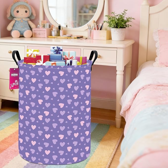 Laundry Hamper Large Canvas Fabric Lightweight Storage Basket/Toy Organizer/Dirty Clothes Collapsible Waterproof for College Dorms, Boys and Girls Bedroom,Bathroom(Purple hearts) - Image 4