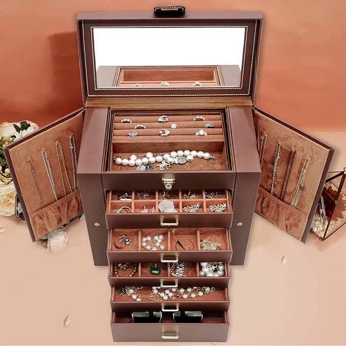 AKOZLIN Extra Large 6-Tier Jewelry Box Organizer with Mirror, 5 Drawers Leather Jewelry Storage Case for Women Girls Ring Necklace Earring Bracelet Brown - Image 7
