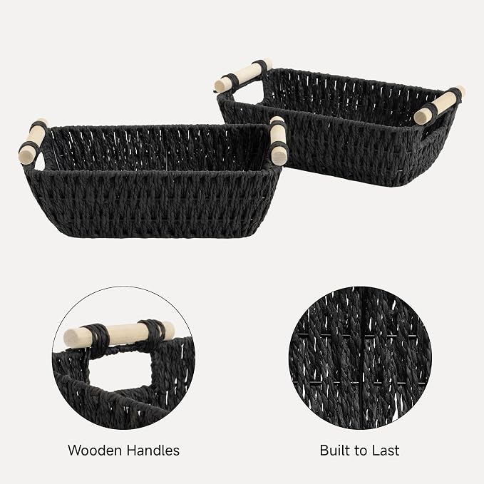StorageWorks Black Wicker Storage Basket for Organizing with Wooden Handles, Small Woven Basket for Shelf, Toilet Paper, 2-Pack - Image 4