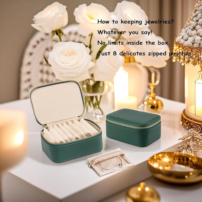 VLANDO Travel Jewelry Box Organizer – Portable PU Leather Jewelry Case with 6/8/12 Zippered Pouches, Compact Storage for Earrings Rings Necklaces Bracelets, Dark Green - Image 3