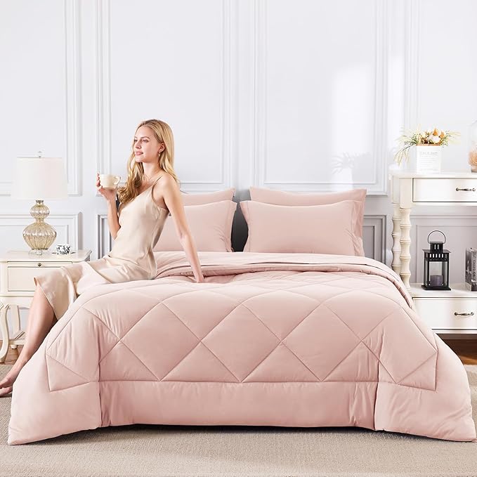 CozyLux King Size Comforter Set Blush Pink - 7 Pieces Bed in a Bag King, Luxury Soft Bed Set for All Seasons, Bedding Set with Down Alternative Comforter, Sheets, Pillowcases & Shams